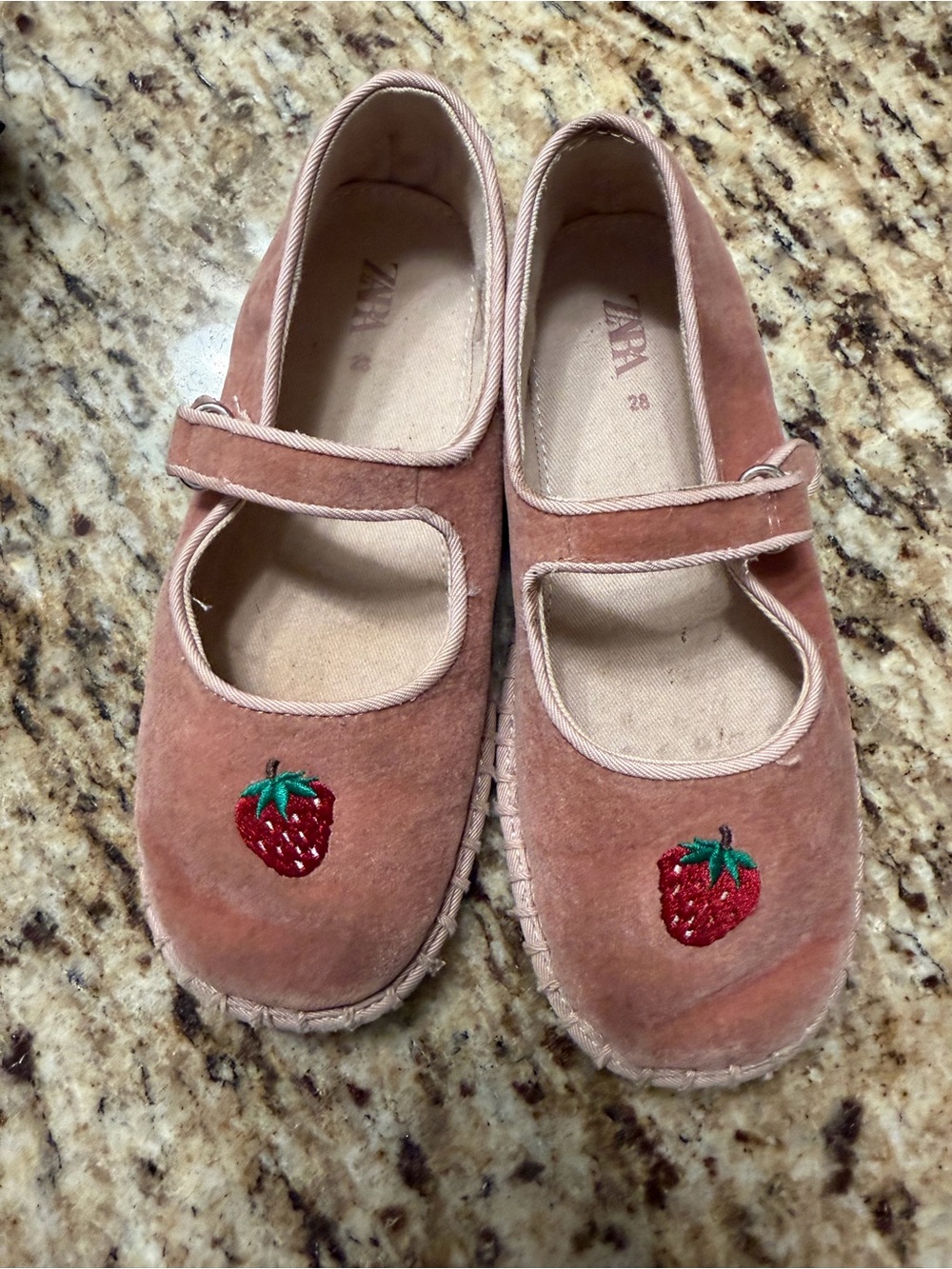 Zara Kids Dusty Pink Mary Jane Shoes with Strawberry Embroidery